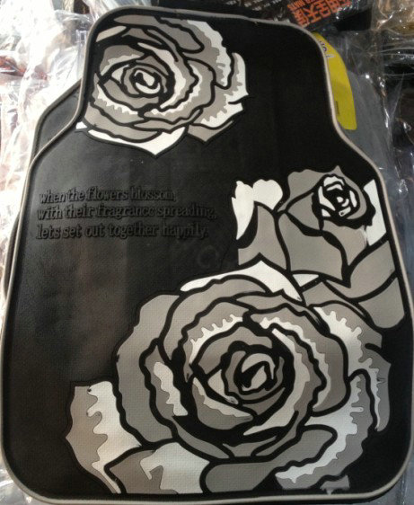 Classic Rose Flower Universal Automotive Carpet Car Floor Mats Rubber 5pcs Sets - Black